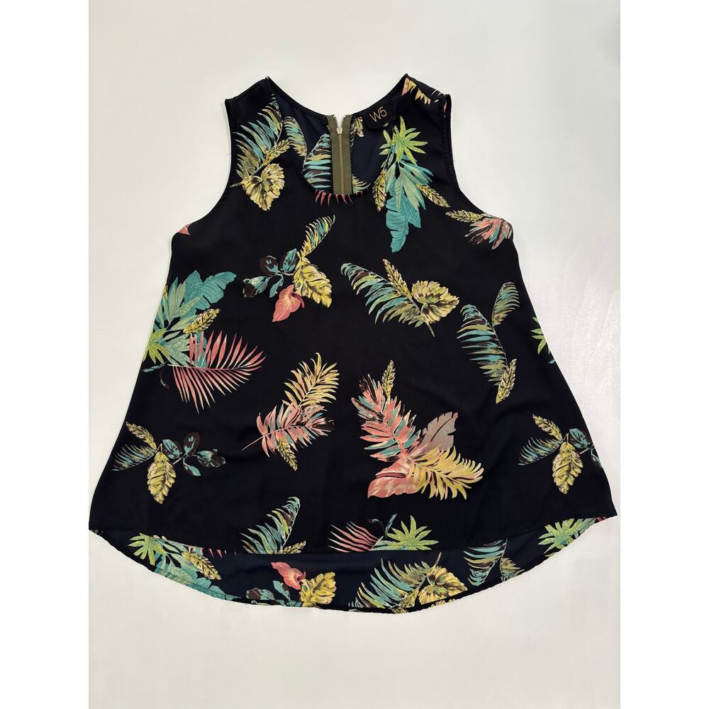 W5 Tropical‎ Palm Print Sleeveless Blouse Black Floral Back Zip Top XL 11483M
